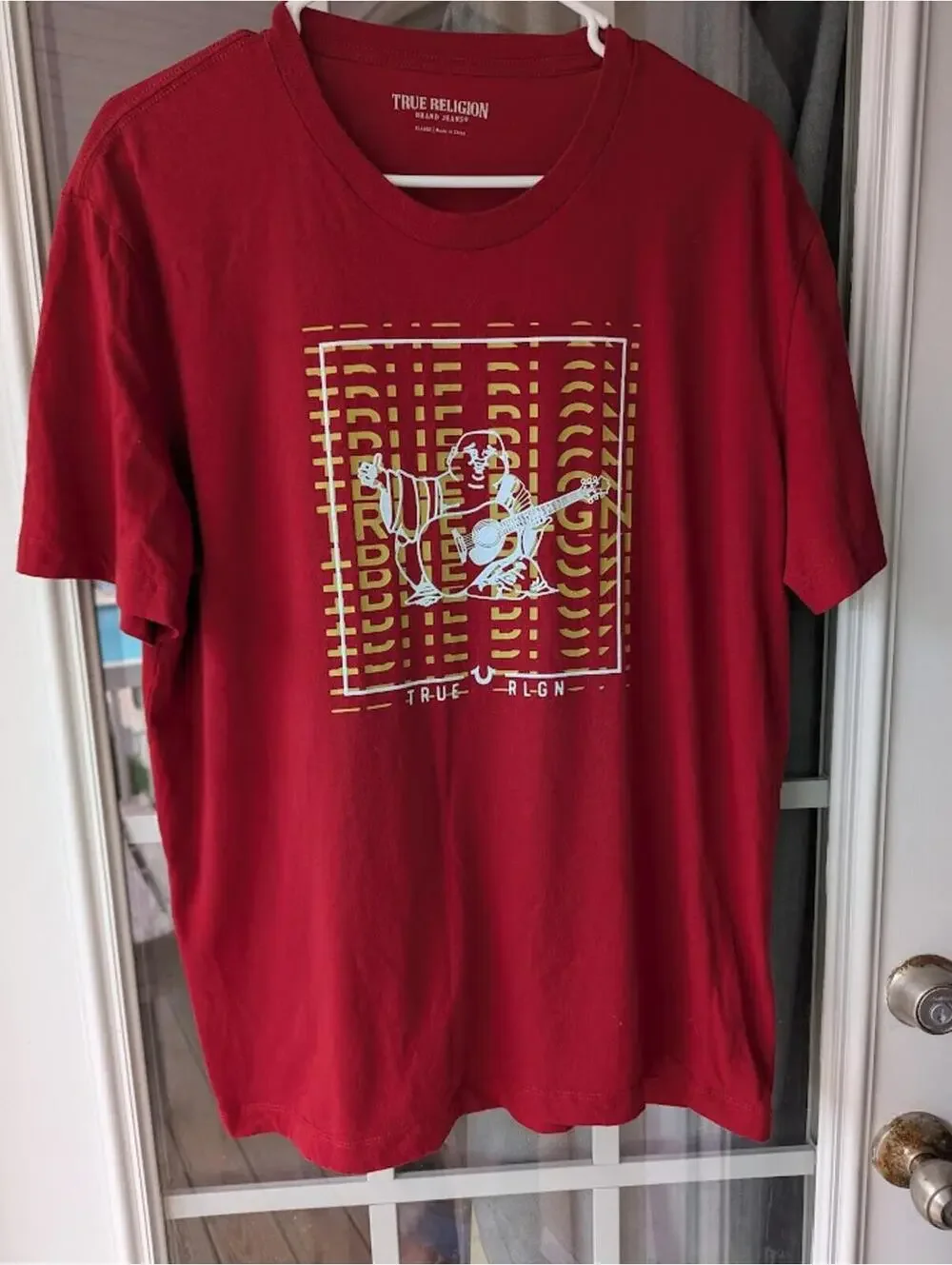True Religion Shirt Mens XL Red Buddha Guitar Graphic Tee Streetwear 22.5x28.5